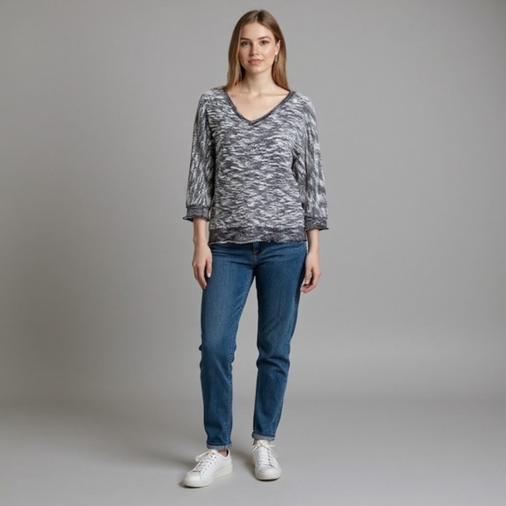 KUT from the Kloth Black White Space Dye V-Neck Sweater KT233D01 Womens Small